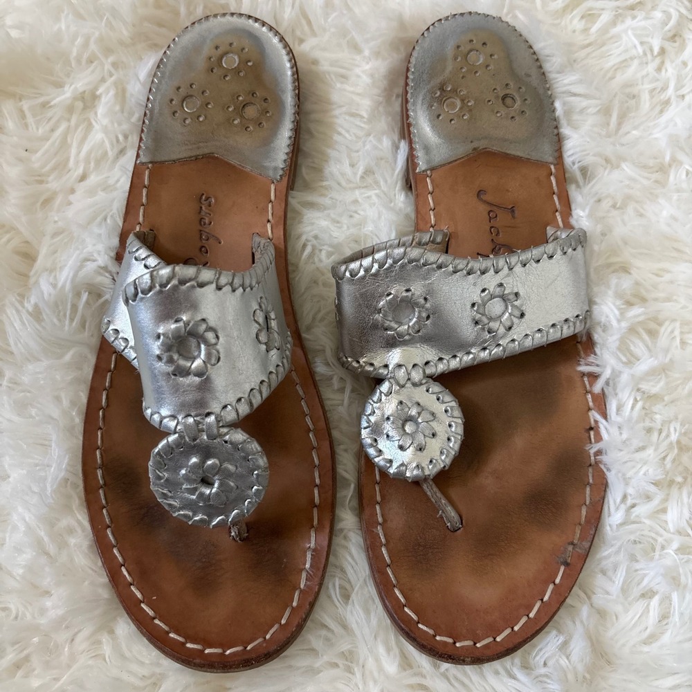 Jack Rogers Hamptons Metallic Silver Leather Whipstitch Flat Sandals Womens 8M